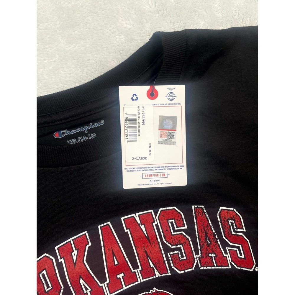 Champion Arkansas Razorbacks Football Team Shirt‎ Boys YXL Black Red Logo NWT - Picture 5 of 10